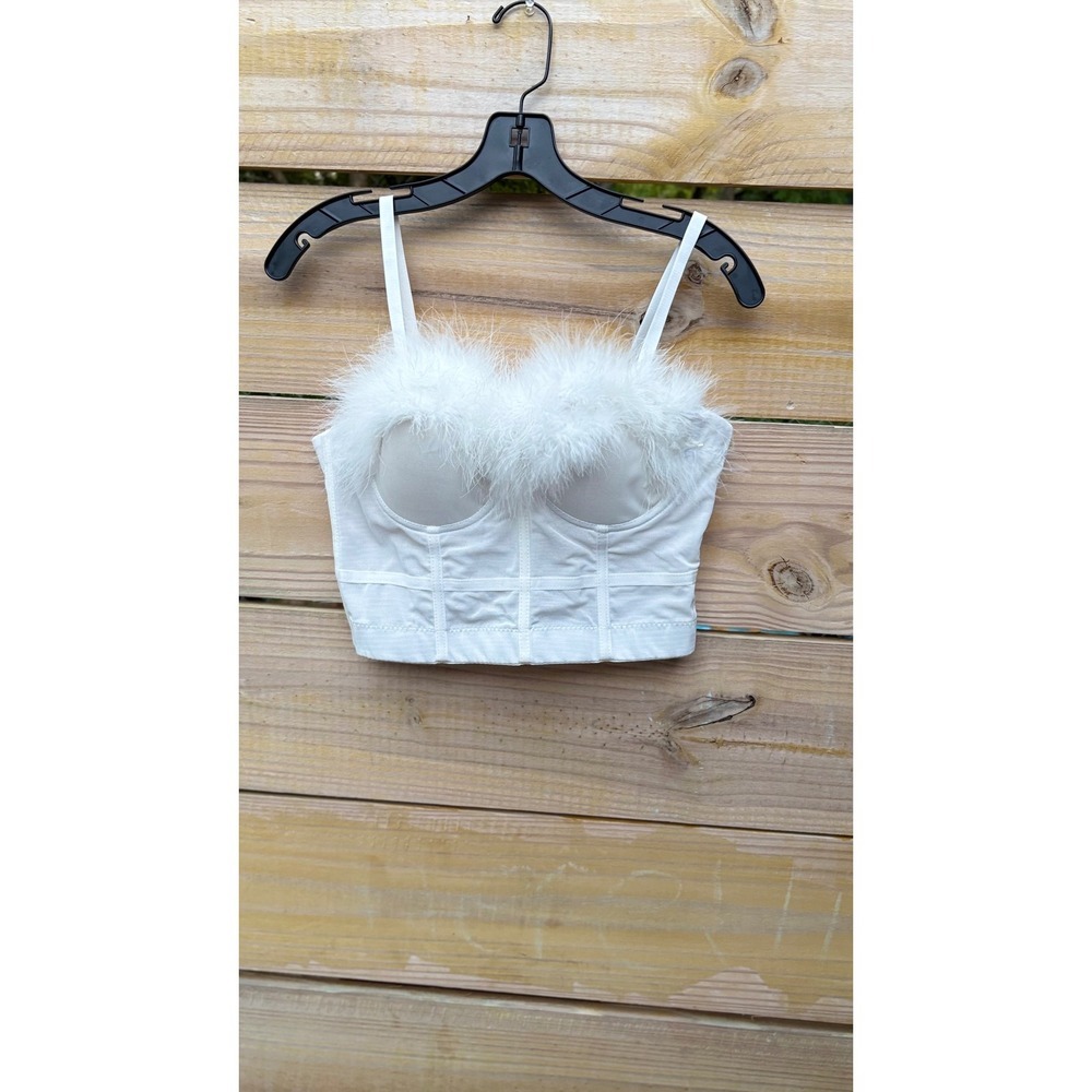 White Faux Feather Trim Bustier Corset Crop Top Adjustable Straps Size Large